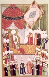 A Coroação do Sultão Selim I (1466-1520) do &39;Hunername&39; de Lokman (guache sobre papel)