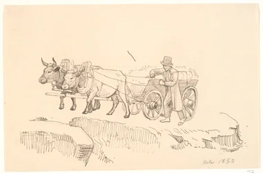 Um agricultor caminhando ao lado de seu carro de boi