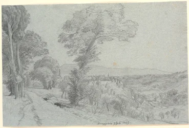 Paisagem montanhosa italiana com vista para "Genazzano 9 de julho de 1869".