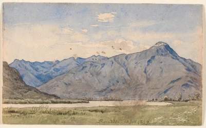 Paisagem italiana com um rio e montanhas.