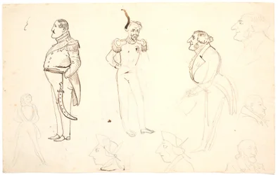 Caricatura de Frederik VII e outros, i.a. Grundtvig, provavelmente Orla Lehmann e outros.