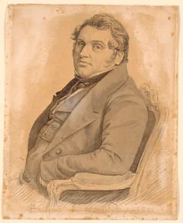 Retrato de um homem sentado e corpulento em perfil de meio comprimento, três quartos à esquerda