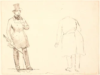Cavalheiro de pé com guarda-chuva e t.h. reverenciando cavalheiro visto por trás