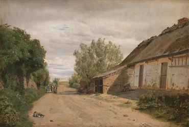 Os arredores da vila de Vejby. À beira da estrada o pintor J.Th. Esboço de Lundbye