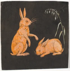 Duas lebres (coelhos?) sobre fundo preto. Esboço decorativo.
