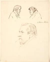 Duas cabeças masculinas ligeiramente caricaturadas de perfil e abaixo um retrato masculino de perfil à esquerda.