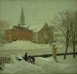 Vista da residência do artista na propriedade de Løwener em Christianshavn. Dia de inverno com neve