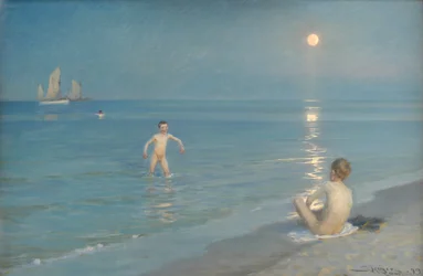 Meninos tomando banho em Skagen. Noite de Verão