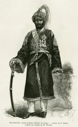 Jang Bahadur (1816-1877), Primeiro-Ministro do Nepal. Gravura de P.Sellier para ilustrar a história Voyage au Nepal, do Dr. Gustave Le Bon (1841-1931), em le tour du monde 1886, dirigido por Edouard Charton (1807-1890), Hachette, Paris.