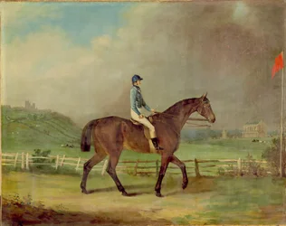 Rosina do Sr. Hindley com o dono, na pista de corrida de Lincoln, com a Catedral além