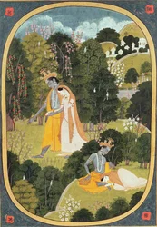 Radha e Krishna andando em um bosque, Kangra, Himachal Pradesh, 1820-25