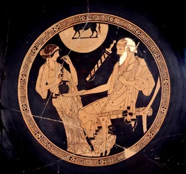 Ilioupersis Cup: copo com figuras vermelhas representando Briseis e o velho Phénix (Phoenix), educador de Aquiles. Atribuído a Brygos (século V a.C.). Paris, Museu do Louvre