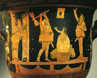 Cratera apuliana com cena de teatro, caricatura do nascimento de Helena em ovo, atribuída ao pintor de Dijon, cerâmica de figuras vermelhas, pormenor, de Bari, Apúlia, Itália, civilização grega antiga, Magna Grécia, século IV a.C.