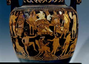 Sótão vermelho-cratera, detalhe da cena dos actores e músicos que se preparam para uma actuação perante Baco e Ariadne, grego, de Ruvo, século V a.C. (cerâmica) (ver também 119444-5