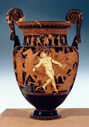 Cratera de volutas ática de figuras vermelhas representando a morte do gigante de bronze Talos (ver também 85071)