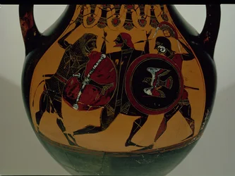 Ânfora ática de figuras negras decorada com uma cena de Heracles vestindo uma pele de leão lutando contra Cycnus, c.540 aC (cerâmica)
