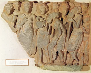 A vitória sobre a serpente, relevo representando Buda apresentando a temida serpente aos bramados, estilo greco-budista, século I-IV