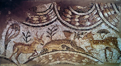 Arte paleocristã: fragmento de mosaicos de igrejas: veados e veados Água potável. século VI d.C. De Cartago, Bir Ftouh, Tunísia. Paris, Museu do Louvre