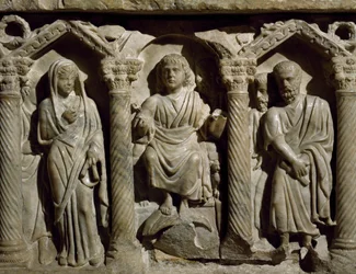 Sarcófago paleocristão, também conhecido como Sarcófago do Beato Gil, mármore, Oratório de San Bernardino, Perugia, Úmbria, pormenor, Itália, século IV