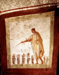 Arte paleocristã (período da Roma Antiga): multiplicação do pão e dos peixes. Fresco da catacumba da Via Anapo em Roma. Séculos III e IV. Arte paleocristã. A multiplicação dos pães e dos peixes. Catacumba da Via Anapo, Roma, Itália