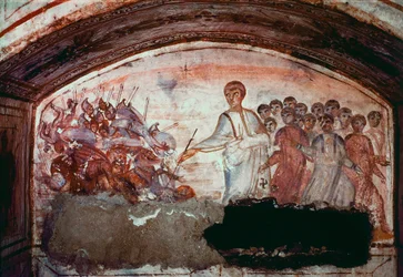 Arte paleocristã, período da Roma Antiga: travessia do Mar Vermelho. Fresco da catacumba da Via Latina em Roma. Século IV.