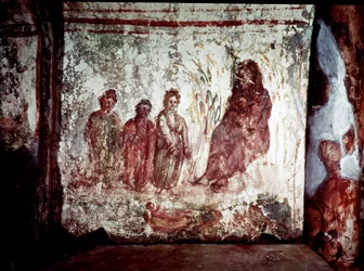 Arte Paleocristã (período da Roma antiga): Moisés salva das águas do Nilo pela filha do Faraó. Fresco da Catacumbas da Via Latina em Roma. Século IV. - Arte Cristã Primitiva. Moisés resgatado das águas. Fresco, século IV d.C. Catacumba