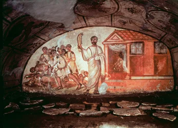 Arte paleocristã (período da Roma antiga): Sansão, armado com uma mandíbula de burro, massacra os 1000 filisteus. Fresco da catacumba da Via Latina, em Roma. Século IV. Arte paleocristã. Sansão ferindo os filisteus com a mandíbula de um burro. Fresco