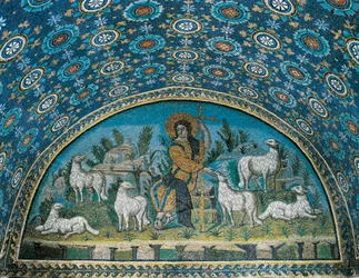 O Bom Pastor, mosaico da luneta acima da porta de entrada do Mausoléu de Gala Placídia, c. 425
