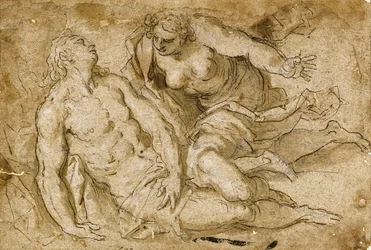Vênus descobrindo o Adônis morto (giz preto, caneta e tinta marrom no papel)