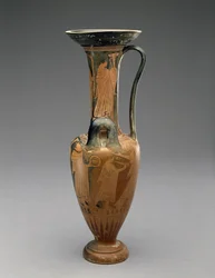 Loutrophoros Hydria com procissão de casamento, 480-460 AC (terracota)