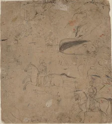Página de um caderno mostrando governantes a cavalo, javalis e uma cena de palácio, final do século XVIII