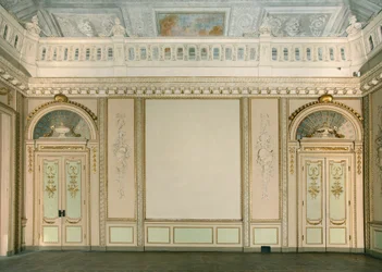 Vista da sala de tapeçaria, Villa Reale, Monza, Lombardia, Itália