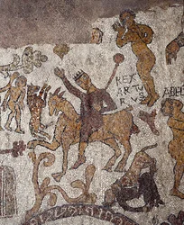 Representação do rei Artur e Perceval. Mosaico de Pantaleone, sacerdote e mosaicista. 1163-1166. Nave central da Catedral de Otranto (Otranto), Itália