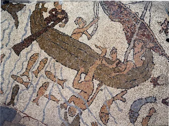 O Prophhete Jonas é o Jete to the sea Detail. Mosaico de Pantaleone, padre e mosaico. 1163-1166. Nave central da Catedral de Otranto (Otranto), Itália.