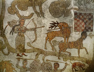 A Deusa Diana matando um veado; do pavimento em mosaico da catedral de Otranto, sul de Itália (mosaico)