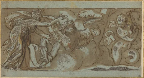 Ceres Changing Ascalaphus into a Bird of Evil Omen (caneta e tinta castanha com lavagem castanha realçada com branco sobre papel azul)