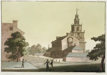Independence Hall, Filadélfia, Pensilvânia, de &39;Le Costume Ancien et Moderne&39;, Volume I, placa 41, por Jules Ferrario, publicado c.1820s-30s (gravura a cores)