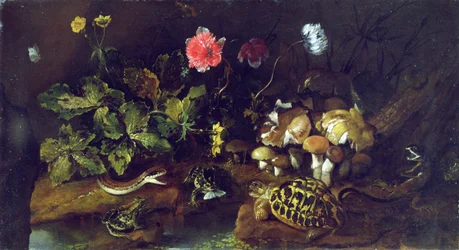Natureza morta com uma cobra, rãs, tartaruga e lagarto (óleo sobre tela)