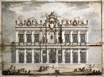Desenho de uma fachada, provavelmente para a "Festa da China" de 1766 (caneta e tinta castanha e lavagem em papel)