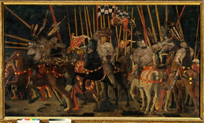 Batalha de San Romano entre os Florentinos e Sieneses em 02/06/1432 (O contra-ataque de Micheletto da Cotignola). Pintura de Paolo di Dono dit Uccello (1397-1475) 1456 Sol. 1,8x3,2 m Paris, Musee du Louvre.