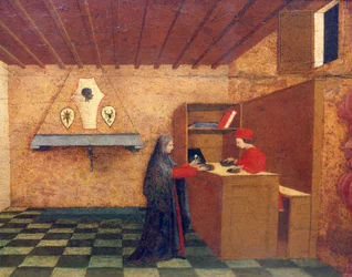 Predella de Miracle of Profaned Host por Paolo Uccello (1397-1475), 42x351 cm, detalhe