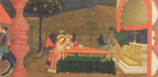 Predela da profanação da hóstia: o corpo do prestamista judeu guardado por anjos e demónios, c.1468 (pormenor)