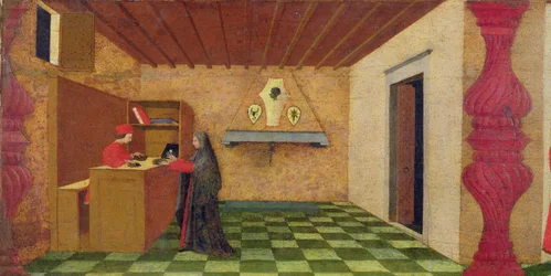 Predella da Profanação do Anfitrião: A Mulher Cristã Forçada a Redimir o seu Manto ao Preço da Hóstia Consagrada por um Penhoreiro Judeu, c.1467-69 (tempera no painel) (detalhe)