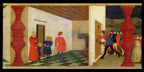Predela da profanação da hóstia: o prestamista judeu assa a hóstia consagrada no fogo, do qual jorra sangue, atraindo a atenção dos oficiais de justiça que arrombam a porta, c.1468 (pormenor)
