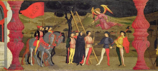 Predela da profanação da hóstia: a cristã arrependida é enforcada por ter penhorado a hóstia consagrada, c. 1468 (pormenor)
