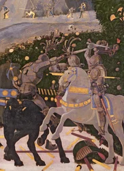 A Batalha de San Romano, detalhe de dois cavaleiros engajados em combate, c.1450-60 têmpera em detalhes de painel de 30690