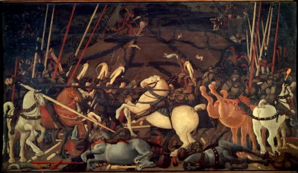 O Deroute de San Romano (Batalha de San Romano) em 1432. Terceiro episódio: A derrota de Bernardino della Ciarda Pintura por Paolo di Dono dit Paolo Uccello (1397-1475)