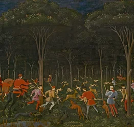 A caça na floresta, c.1465-70 óleo no detalhe do painel de 100861