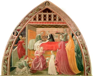 O nascimento da Virgem. As parteiras cuidam do novo enquanto uma criada lava as mãos da Virgem. Pintura de Paolo Uccello (Paolo di Dono detto