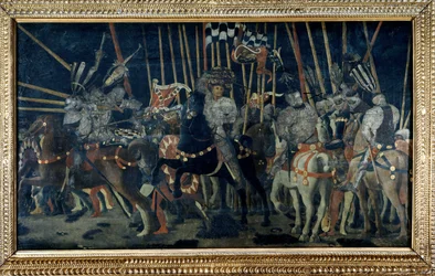 O contra-ataque de Micheletto da Cotignola (A Batalha de San Romano). Segundo episódio que ilustra o contra-ataque de Micheletto da Cotignola. Pintura de Paolo di Dono dit Paolo Uccello (1397-1475)